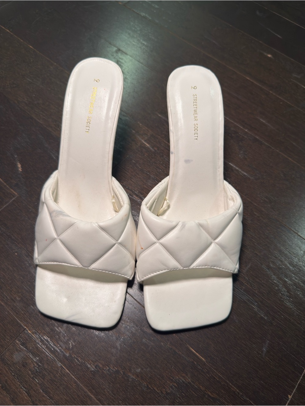 White Quilted Square-Toe Slide Mules